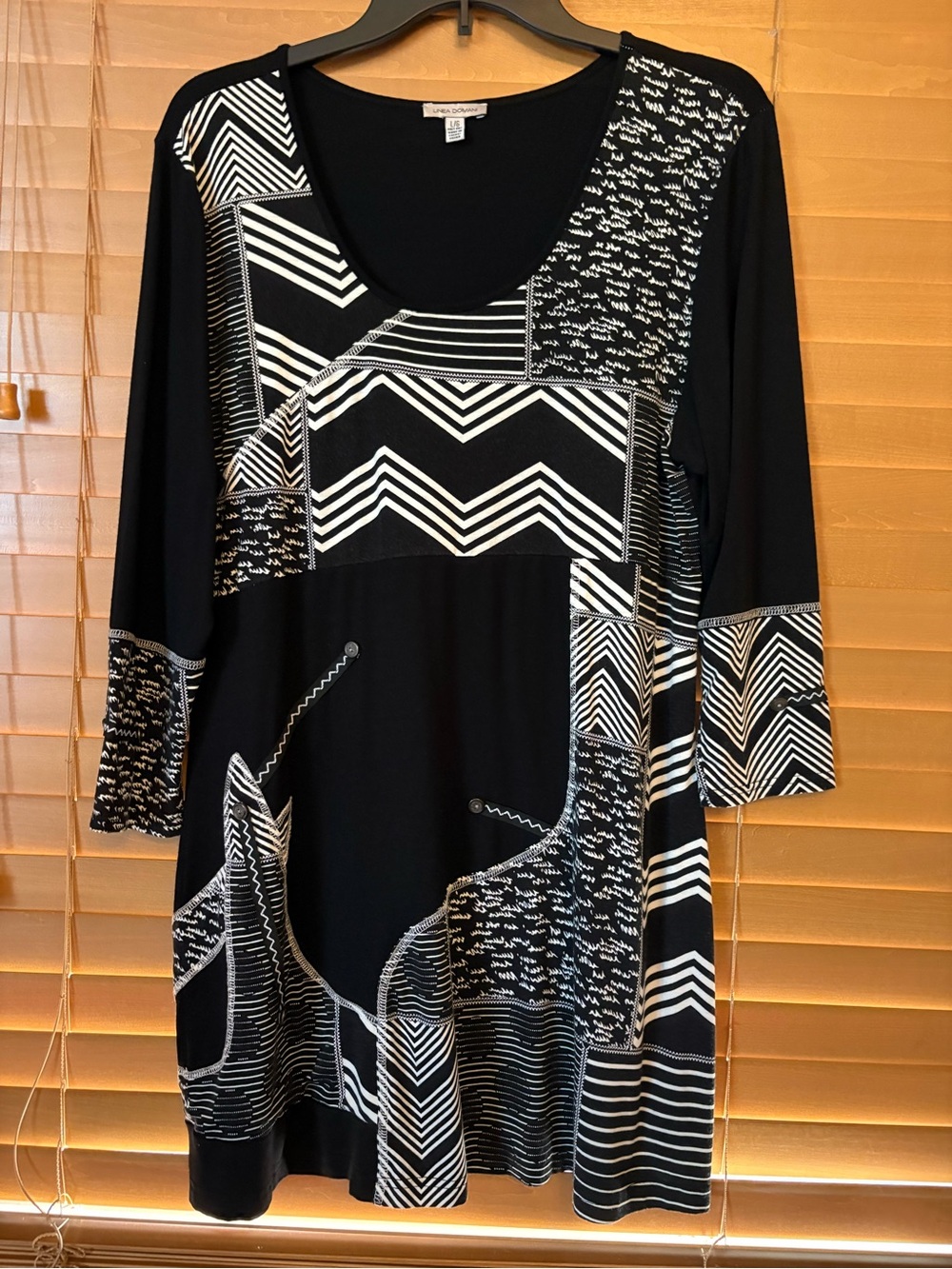 Lines Domani Black & White Geometric Midi Dress with Scoop Neck. Size Large